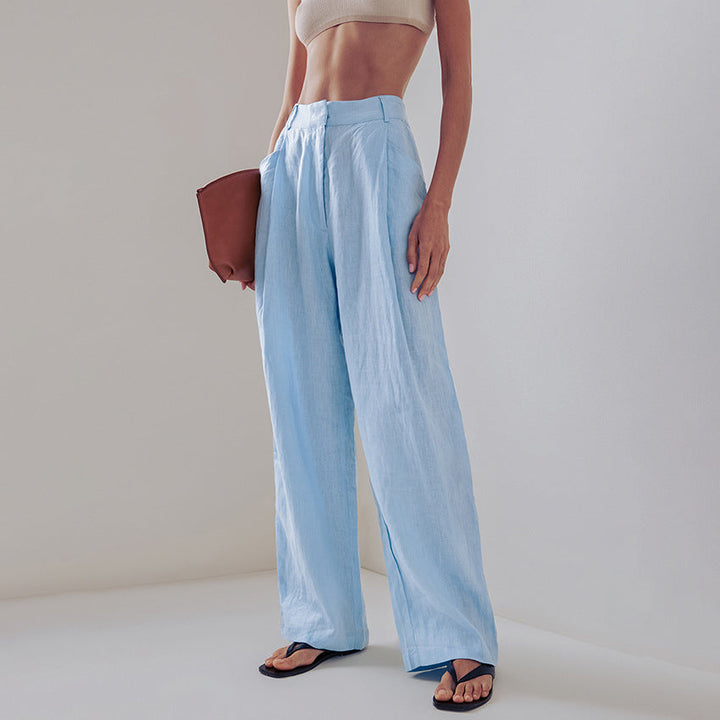 Damen lässige Leinen-Hosenanzug mit übergroßer Hemdbluse und geradem Bein W&W Mode