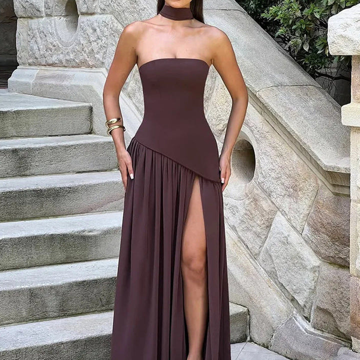 Damen Maxikleid mit trägerlosem Oberteil und hohem Schlitz W&W Mode