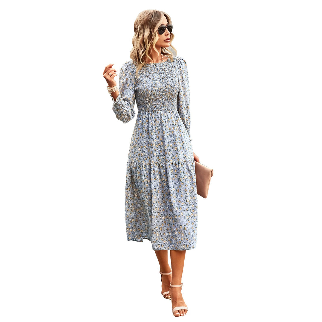 Damen florales Midi-Kleid mit geraffter Taille und langen Ärmeln W&W Mode