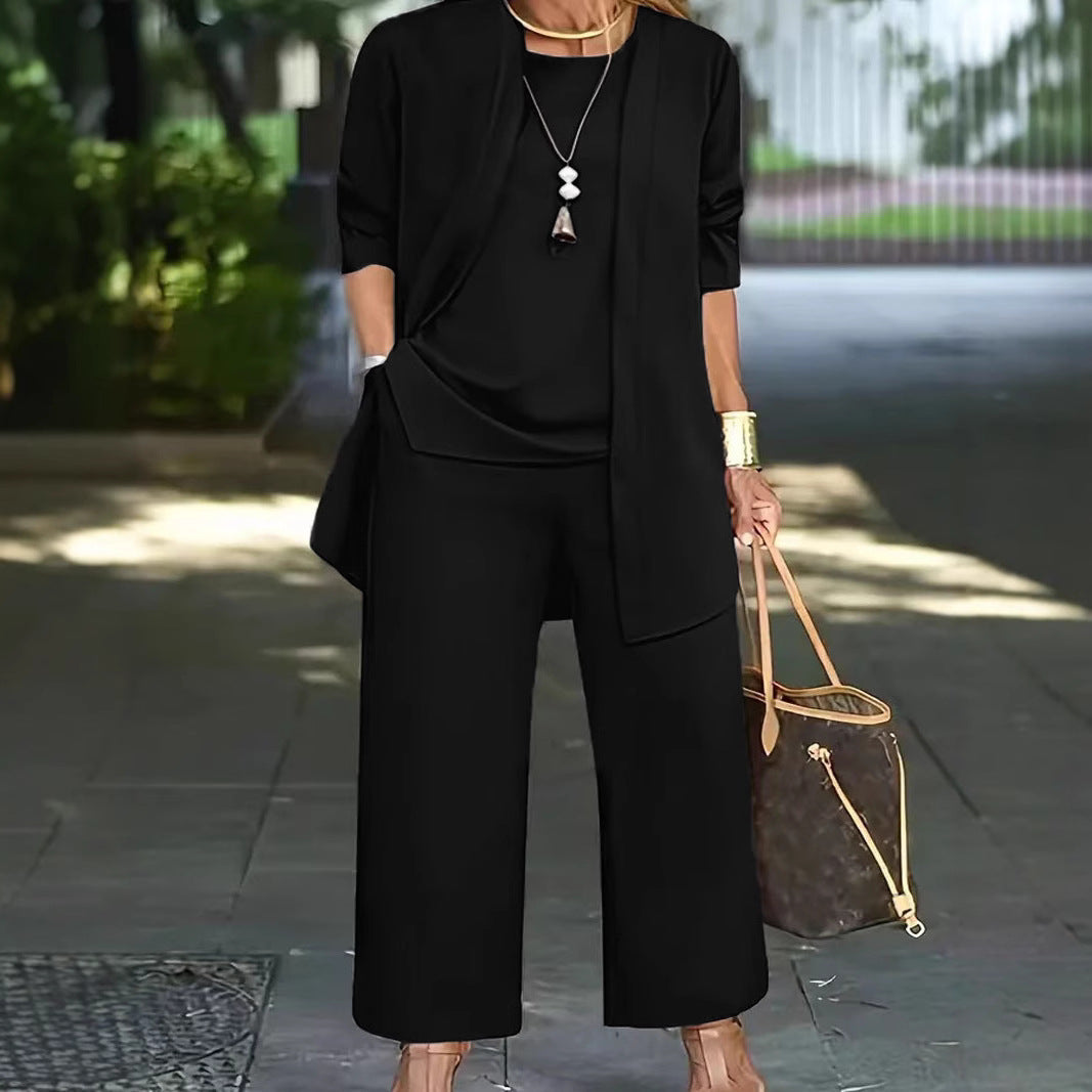 Damen elegante Zweiteiler-Set mit locker fallender Jacke und bequemen Hosen W&W Mode