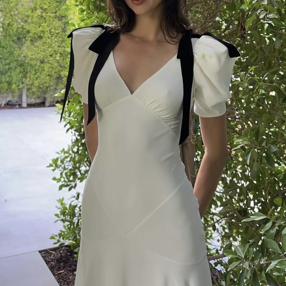 W&W Mode | Sanfte Weiß Tiefer V Schleifen Puffärmel Schlankes Kleid