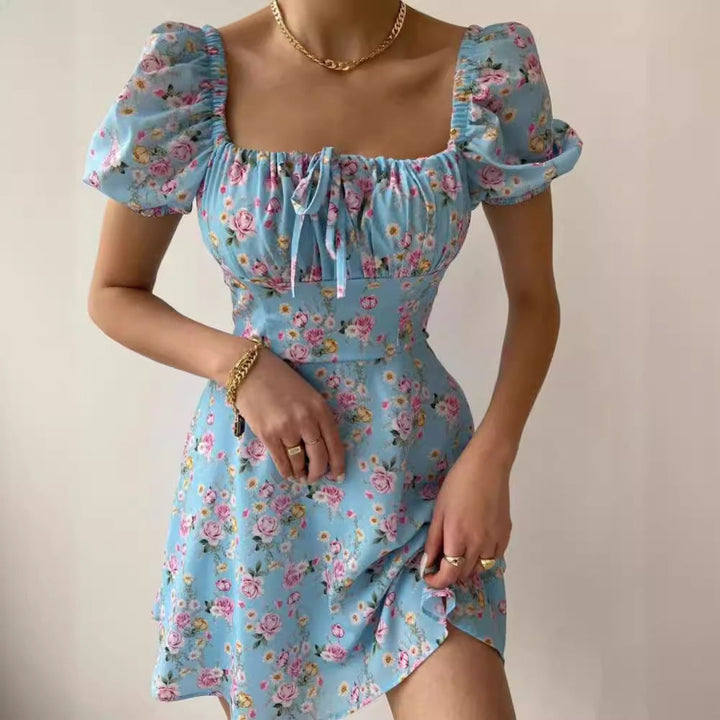 Damen Blütenmuster Mini-Kleid mit Puffärmeln W&W Mode