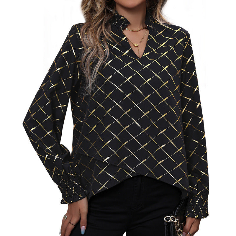 Damen Bluse mit elegantem Rautenmuster und Puffärmel W&W Mode
