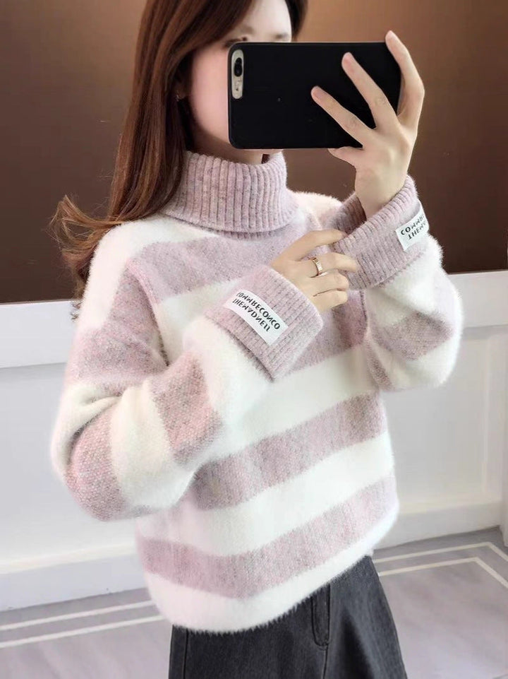 W&W Mode | Gestreifter Rollkragen Strickpullover Für Frauen