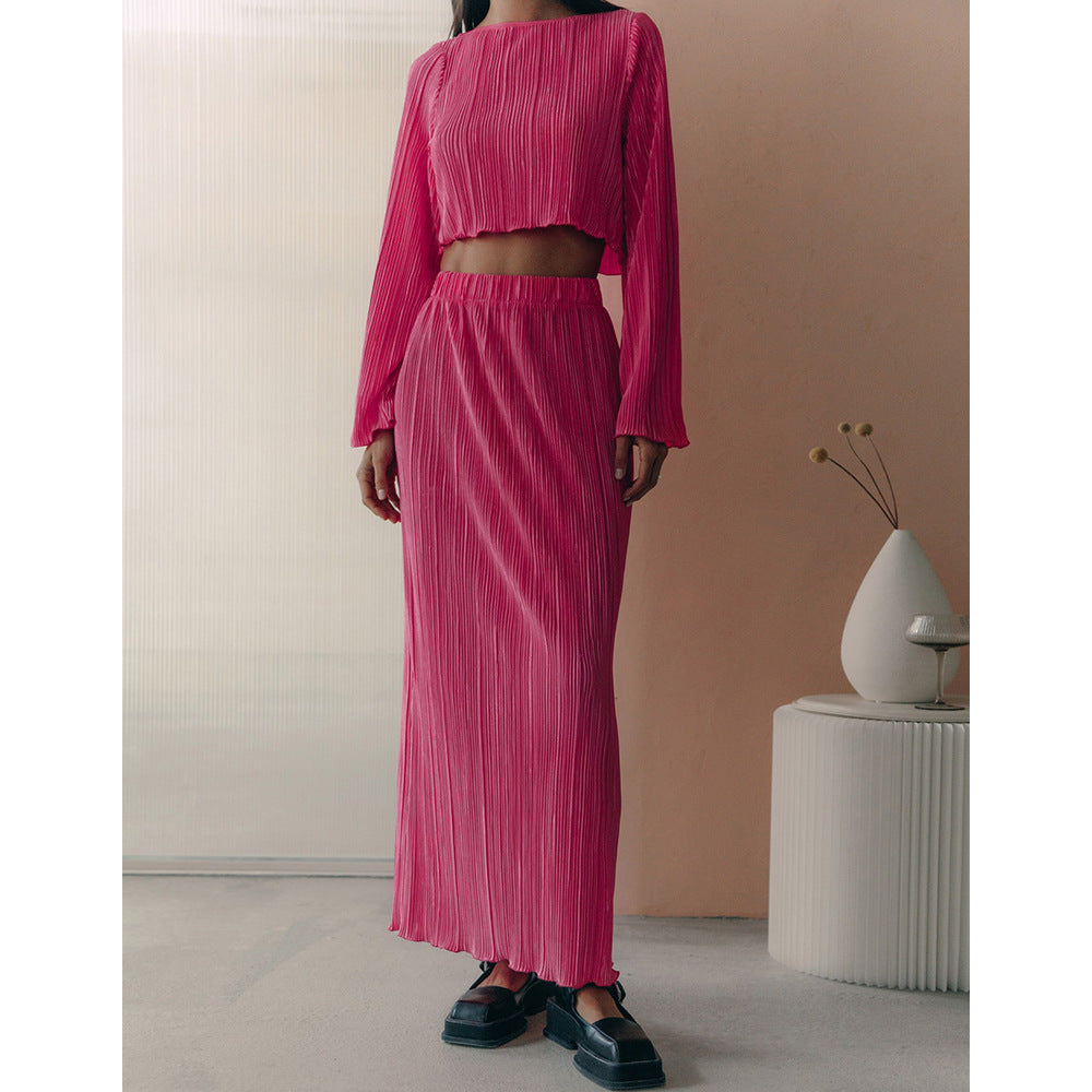 Damen Plissiertes Zweiteiler-Set mit langem Rock und cropped Oberteil W&W Mode