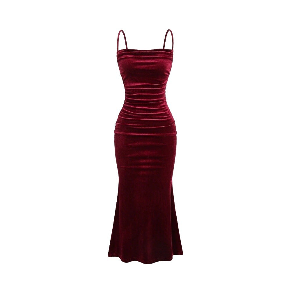 Damen Elegantes Samt-Maxi-Kleid mit figurbetontem Schnitt und raffinierten Raffungseffekten W&W Mode