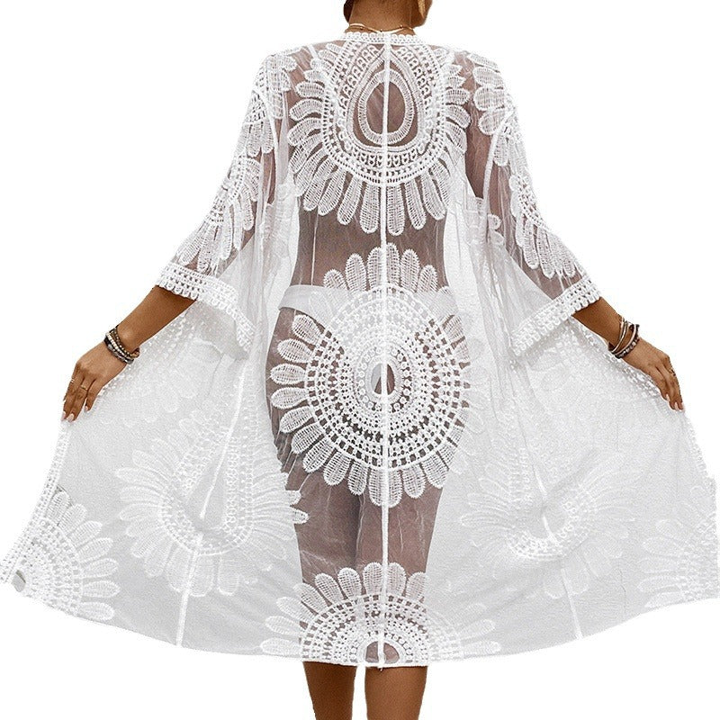 Damen Schicker Häkel-Strandüberwurf mit voluminösen Ärmel und elegantem Design W&W Mode