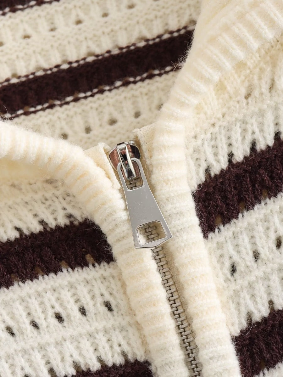 Damen gestreifte Strickjacke mit modernem Reißverschluss W&W Mode
