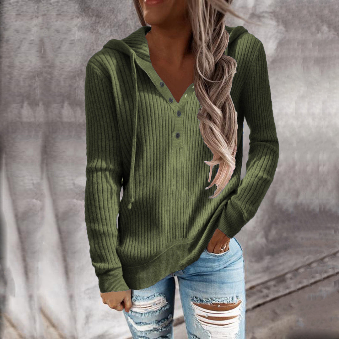 Damen Hoodie mit strukturiertem Rippmuster und knöpfbarem Ausschnitt W&W Mode