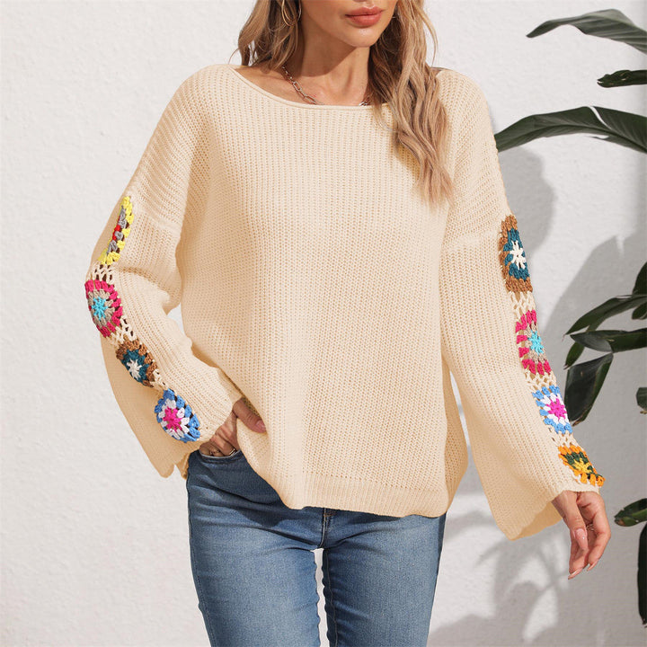 Damen eleganter Pullover mit bunten Häkelapplikationen an den Ärmeln W&W Mode