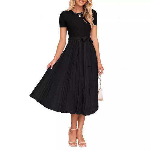 W&W Mode | Lässiges Fließendes Kurzarm-Gürtel-Midikleid
