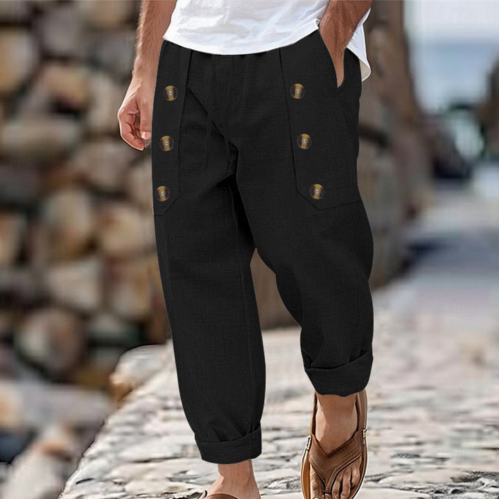 Herren Bequeme Leinenhose mit seitlichen Knöpfen und elastischem Bund W&W Mode