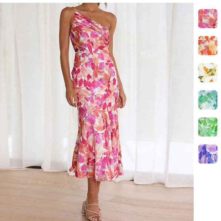 Damen Elegantes Maxikleid mit asymmetrischem Träger und floralem Design W&W Mode
