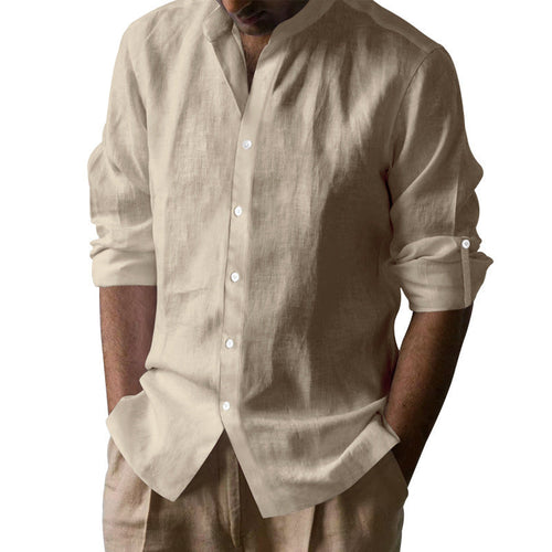 Herren Elegantes Leinenhemd mit Stehkragen und Knopfdetails W&W Mode