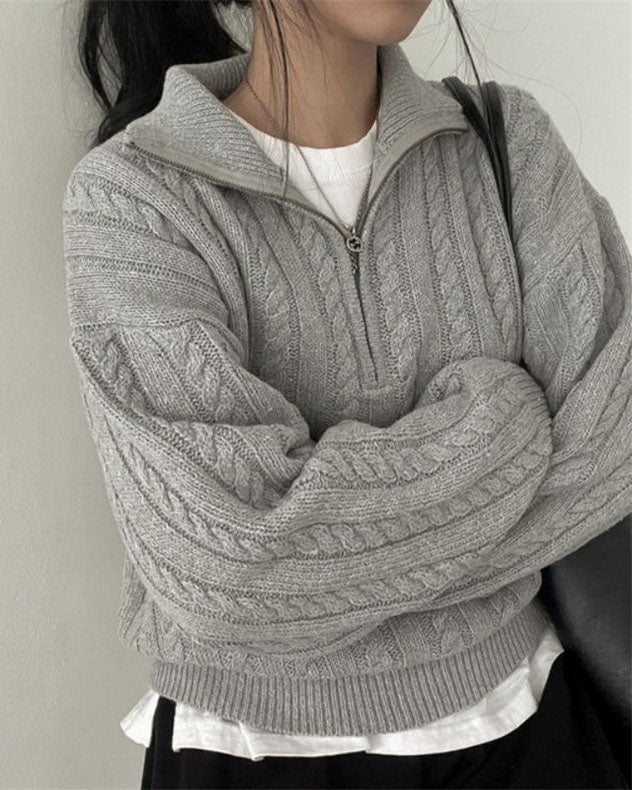 W&W Mode Vintage Rollkragen Reißverschluss Twist Strickpullover