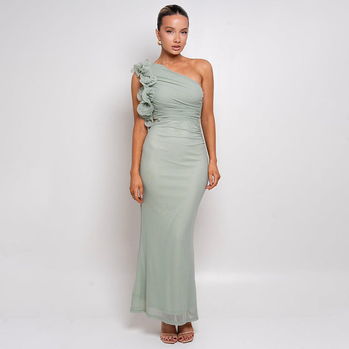 Damen Figurschmeichelndes Midi-Kleid mit asymmetrischem Ausschnitt und Rüschendetails W&W Mode