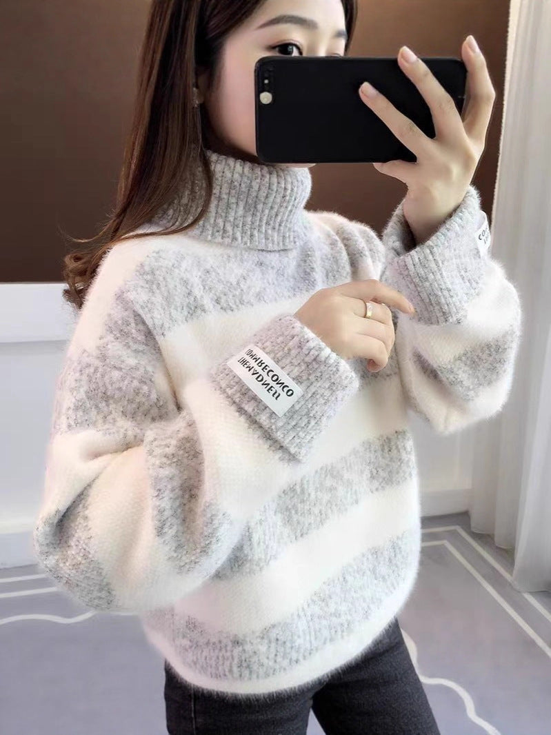 W&W Mode | Gestreifter Rollkragen Strickpullover Für Frauen