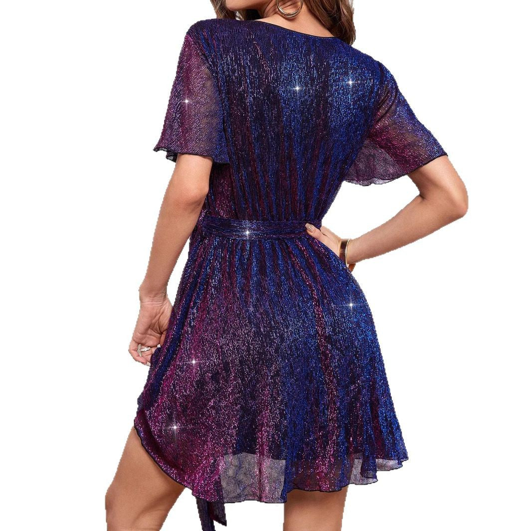 W&W Mode | V-Ausschnitt Pailletten Party Stil Kurzarm Kleid