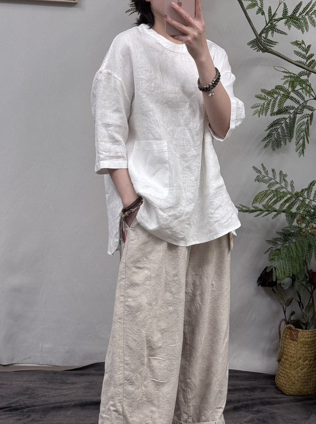 Damen Relaxed Fit Leinen Tunika-Oberteil mit Tasche W&W Mode