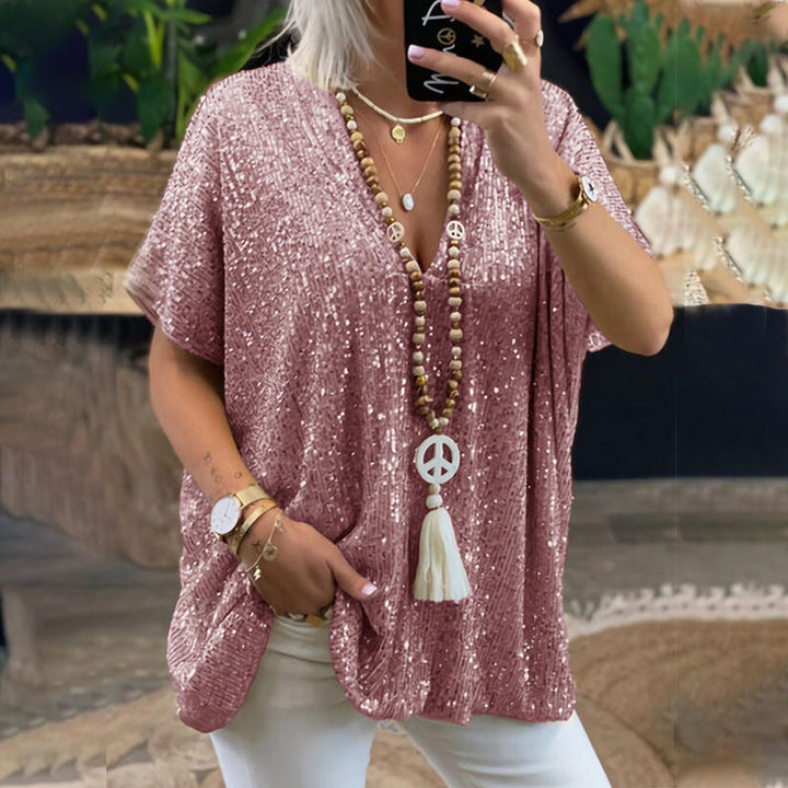 Damen Funkelndes Oberteil mit elegantem V-Ausschnitt und leichtem Schnitt W&W Mode