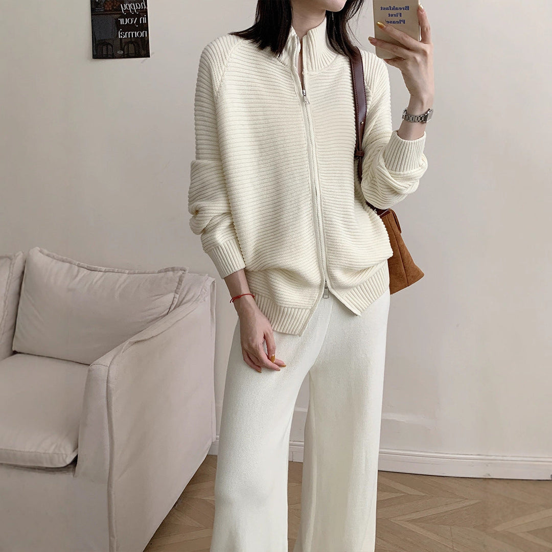 Damen Strickjacke mit hohem Kragen und durchgehendem Reißverschluss W&W Mode