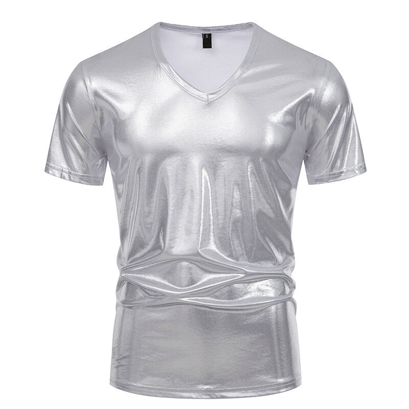 Herren Glänzendes Metallisches V-Ausschnitt T-Shirt W&W Mode