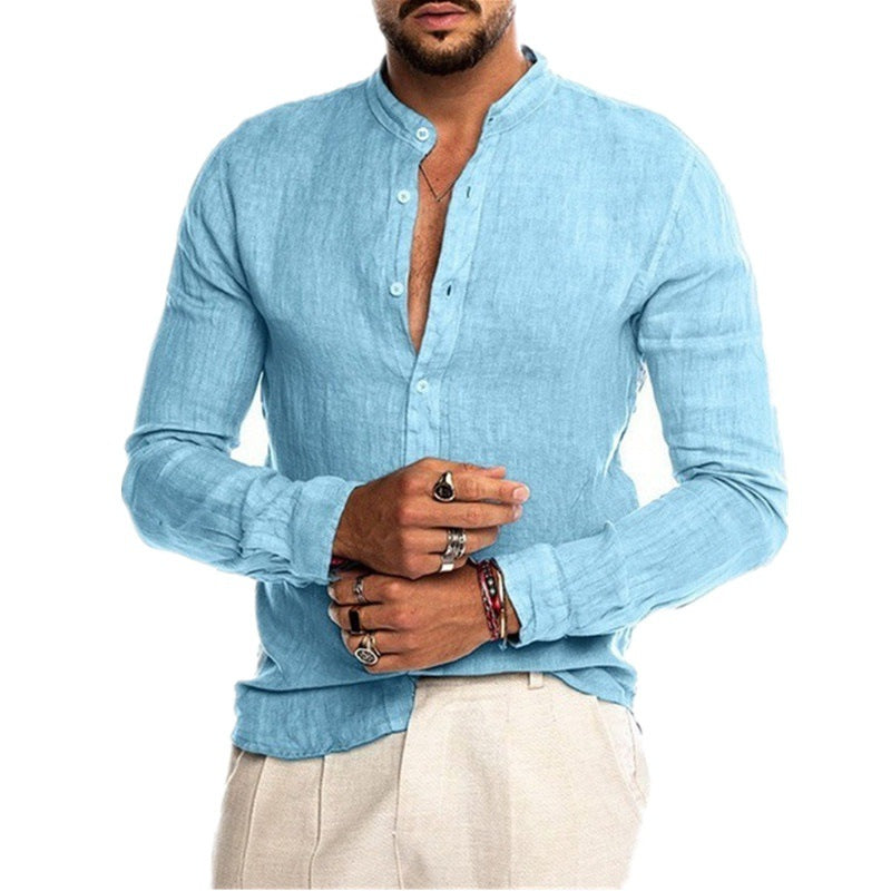 Herren lässiges Leinenhemd mit modischem Henley-Ausschnitt und hochwertiger Knopfdetail W&W Mode