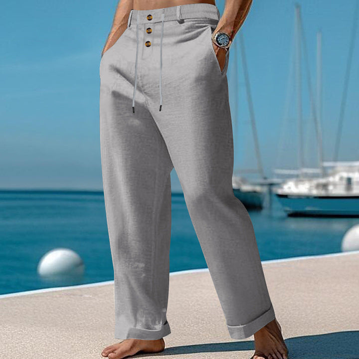 Herren nan weite Sommerhose aus Leinen-Baumwollmix mit dreifach-Knopfleiste, Tunnelzugbund und Umschlagsaum W&W Mode