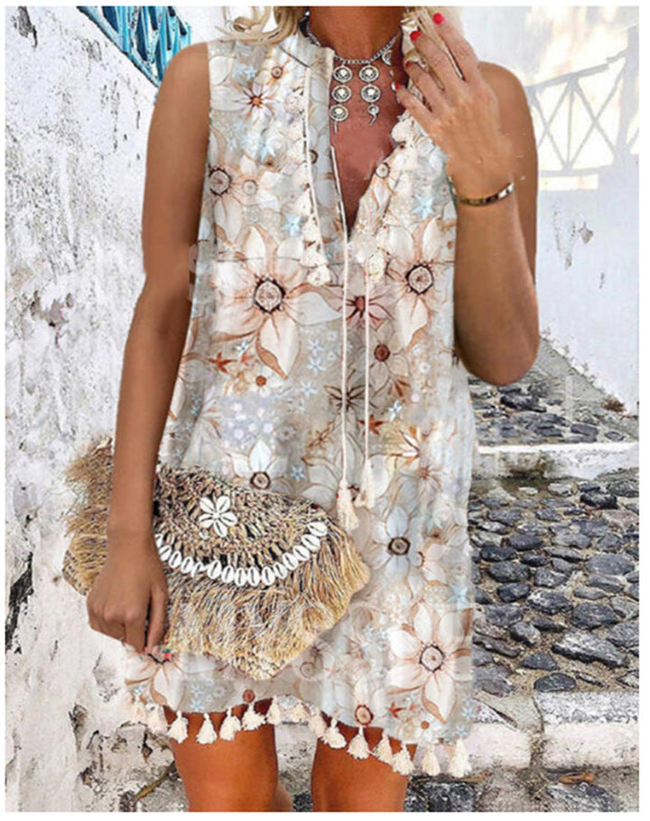 W&W Mode | Bedrucktes Fransen Ärmelloses Sexy V-Ausschnitt Kleid