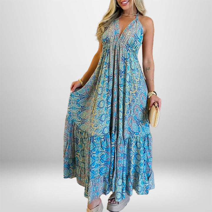 Damen Maxikleid im verspielten Boho-Stil mit tiefem V-Ausschnitt und schwingendem Rock W&W Mode