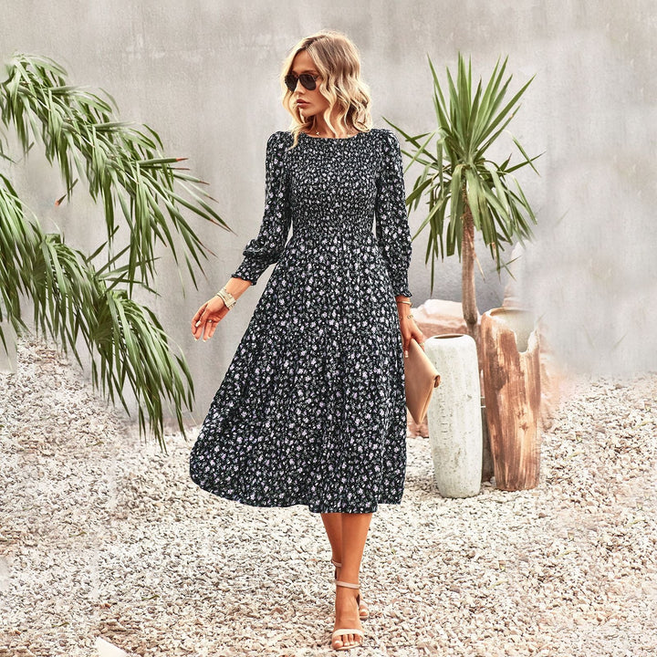 Damen florales Midi-Kleid mit geraffter Taille und langen Ärmeln W&W Mode