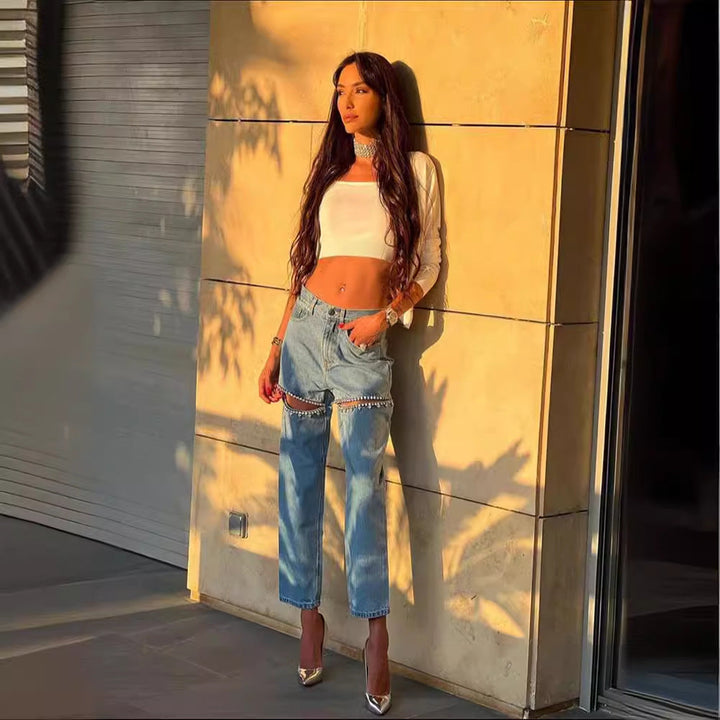 W&W Mode Damenjeans mit Löchern, gerader Schnitt