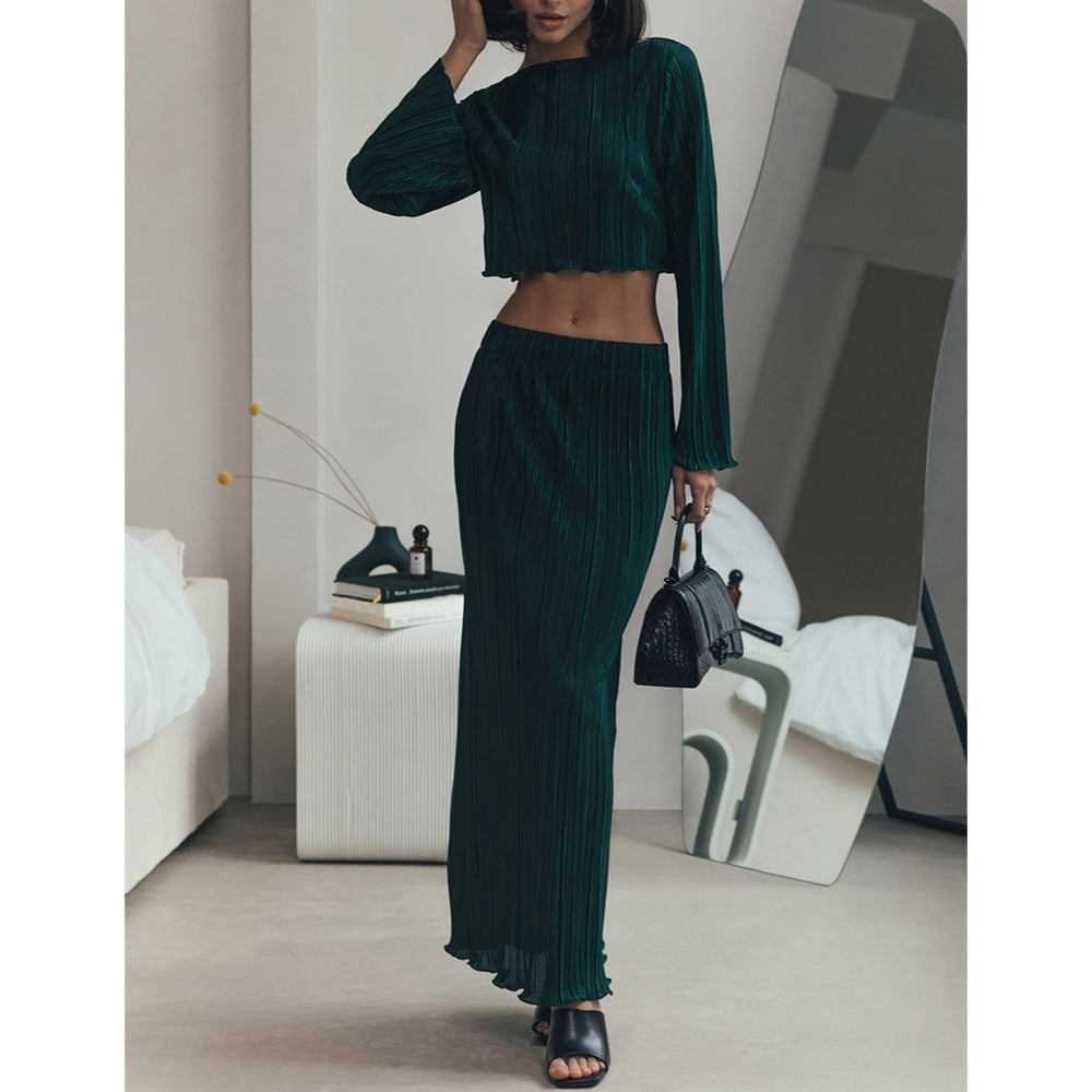 Damen Plissiertes Zweiteiler-Set mit langem Rock und cropped Oberteil W&W Mode