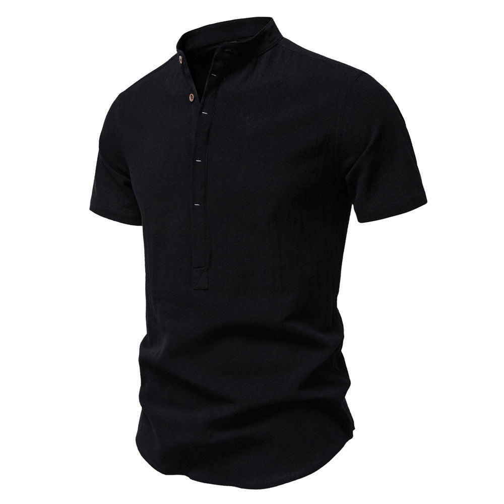 Herren nan lässiges Kurzarmshirt mit Stehkragen, halber Knopfleiste und leicht strukturierter Baumwoll-Leinen-Qualität W&W Mode