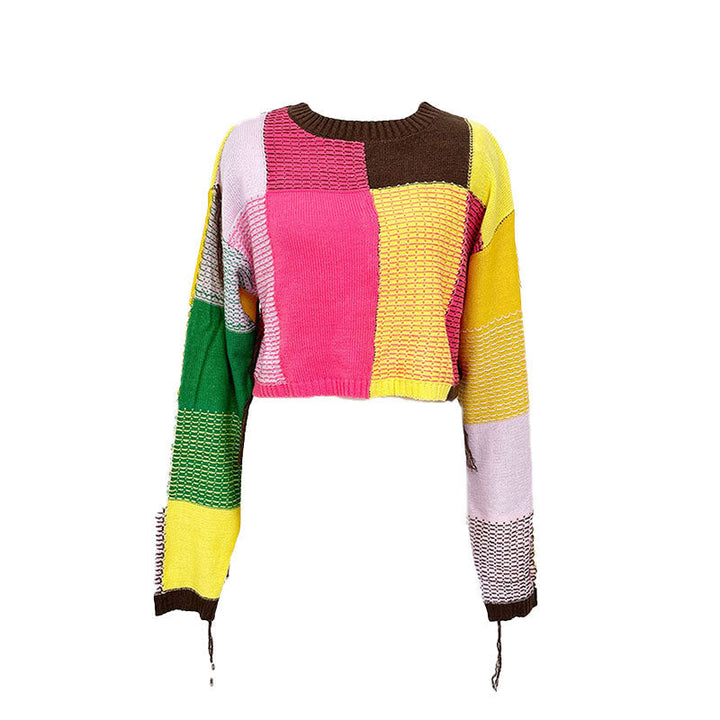 Damen modischer cropped Pulli mit buntem Patchwork-Design W&W Mode
