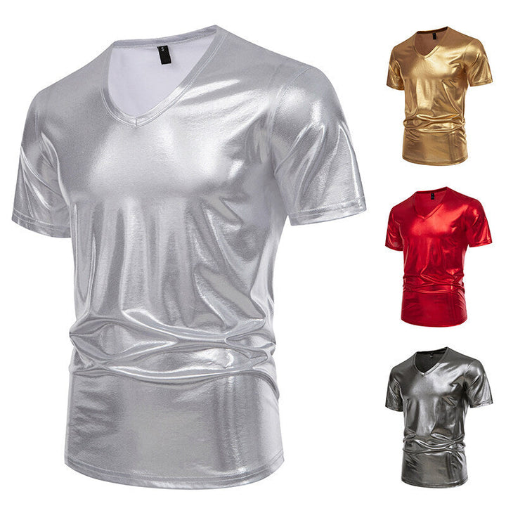 Herren Glänzendes Metallisches V-Ausschnitt T-Shirt W&W Mode