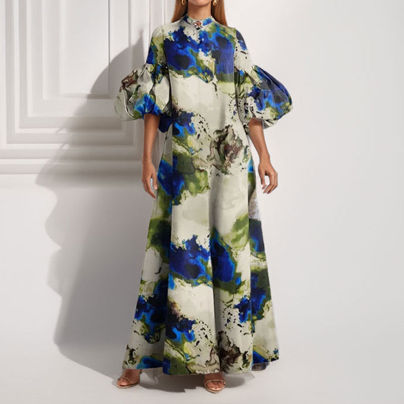 Damen Maxi-Kleid mit Volantärmeln und abstraktem Muster W&W Mode