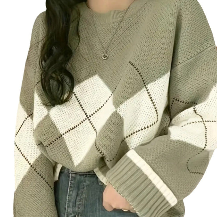 Damen Grobstrickpullover mit modernen Rautenmustern und weitem Schnitt W&W Mode