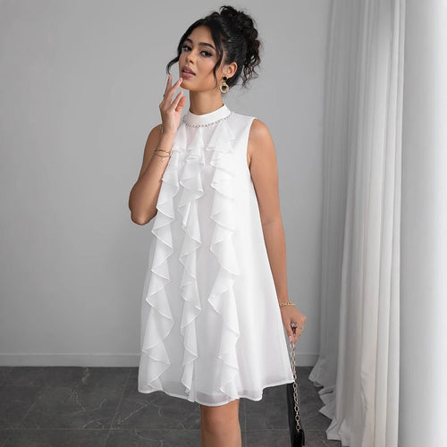 Damen Chiffon Kleid mit voluminösen Rüschendetails und elegantem Stehkragen W&W Mode