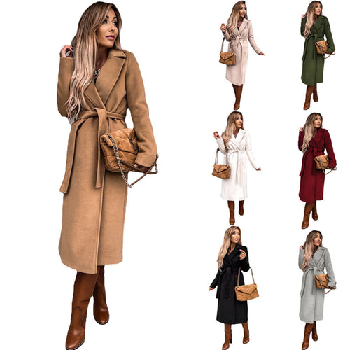 Damen eleganter lange Mantel mit Gürtel und hohem Kragen W&W Mode