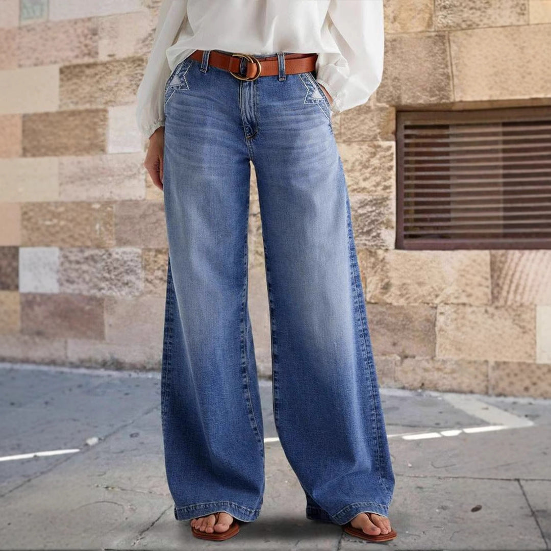 Damen weit geschnittene Jeanshose mit hohem Bund und eleganten Nähdetails W&W Mode