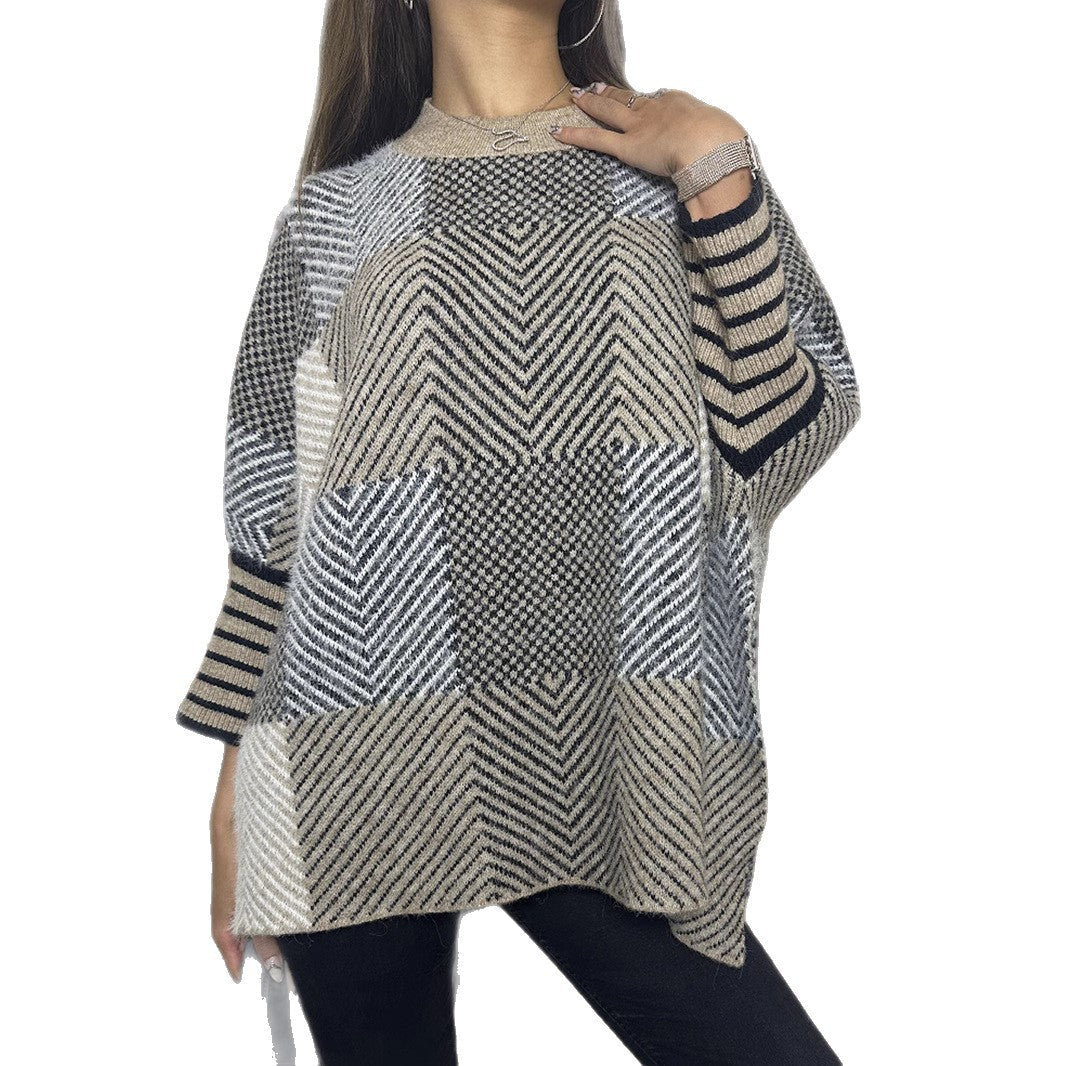 Damen asymmetrischer Strickpullover mit Zickzackmuster W&W Mode