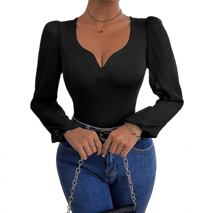 Damen Body mit tiefem V-Ausschnitt und transparenten Puffärmeln W&W Mode