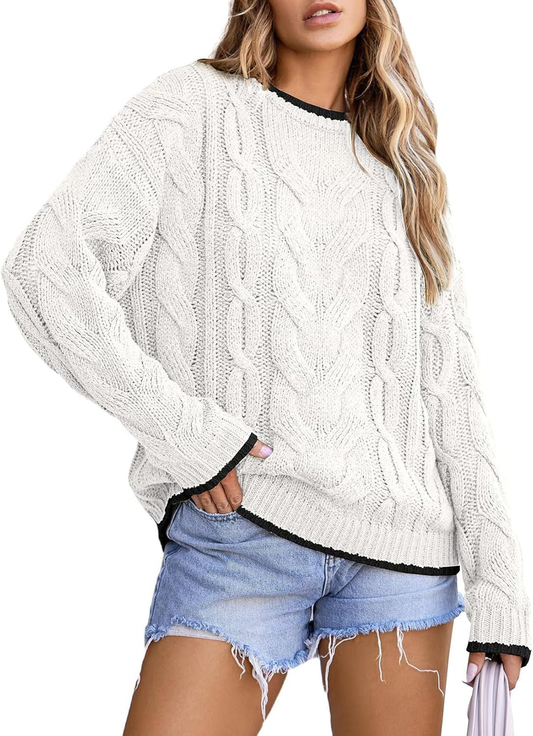 Damen Strickpullover mit grobem Zopfmuster W&W Mode