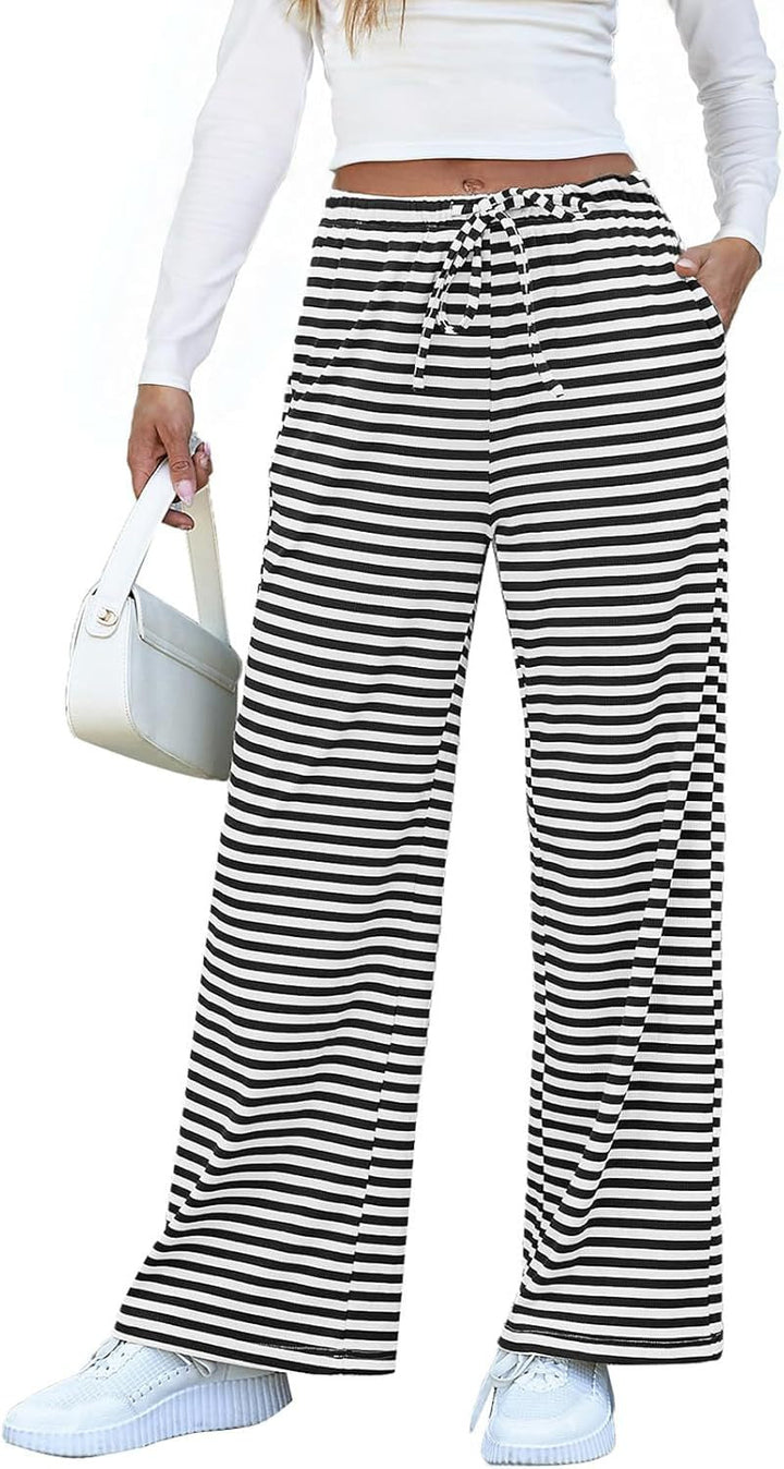 Damen weite Streifenhose mit elastischem Bund und Kordelzug W&W Mode