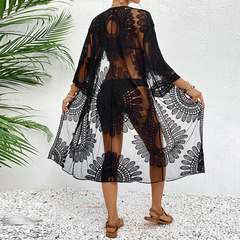 Damen transparenter Strandüberwurf mit elegantem Häkelmuster W&W Mode