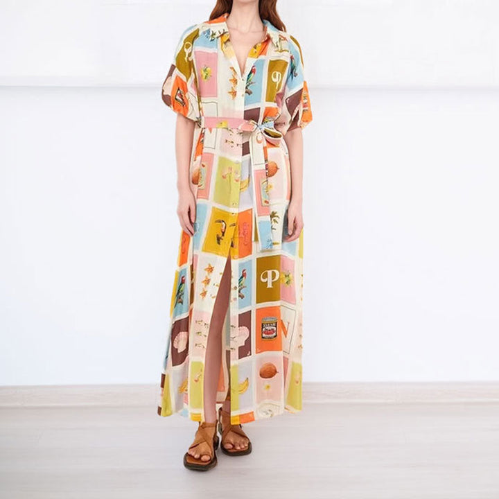 Damen Hemdblusenkleid mit farbenfrohem Print und taillierbarem Gürtel W&W Mode