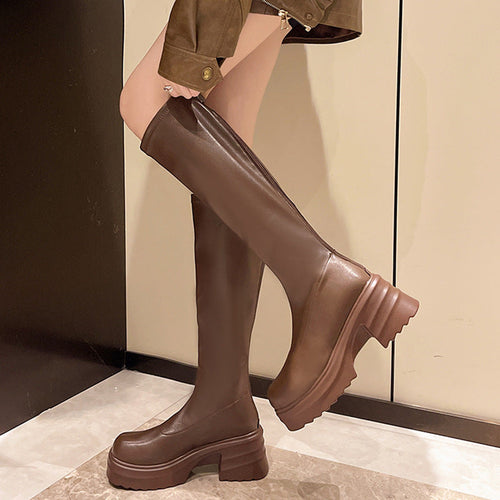 Damen modische Stretch-Stiefel mit dicker Plateausohle W&W Mode