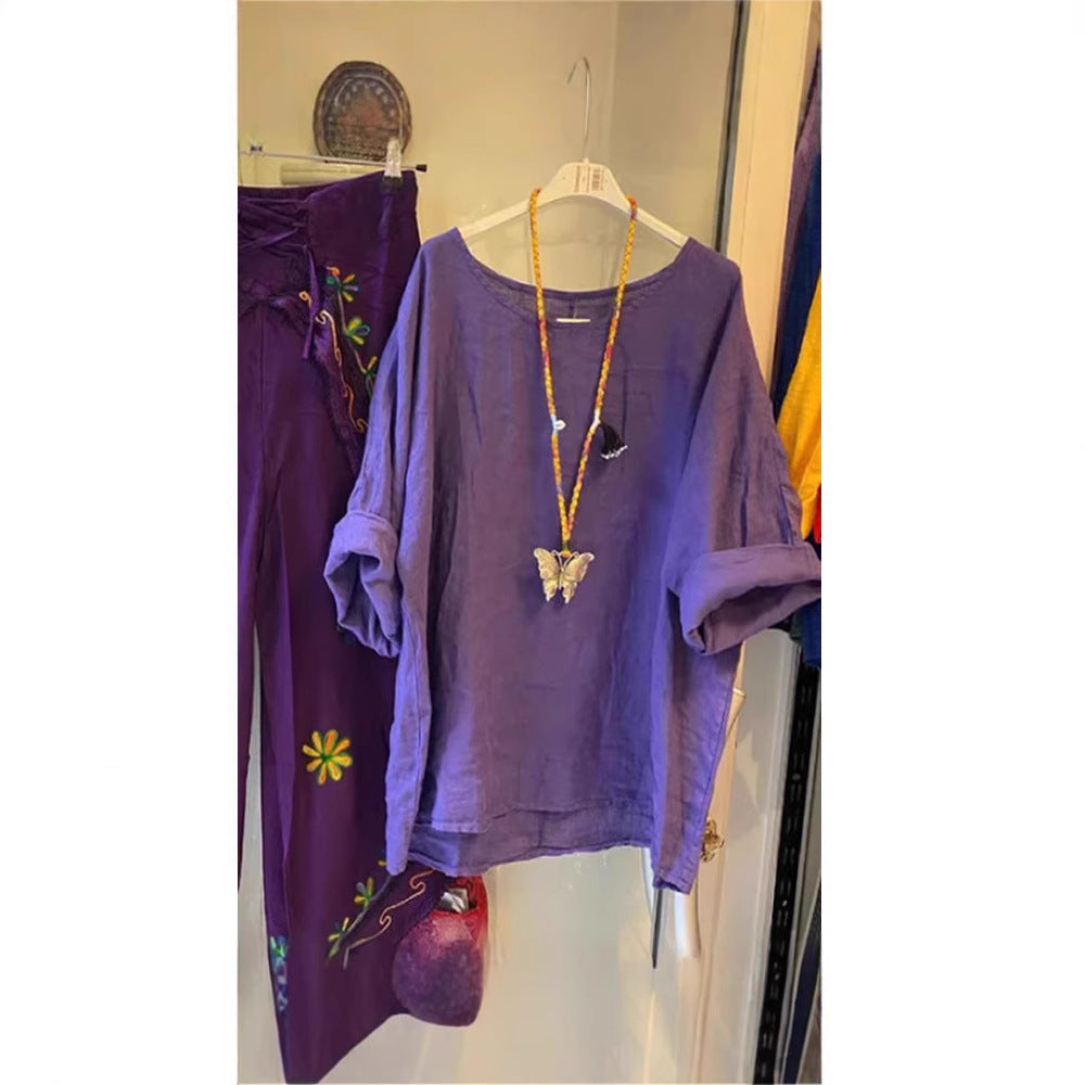 Damen Lockere Leinenbluse mit lässigem Schnitt und Rollärmeln W&W Mode