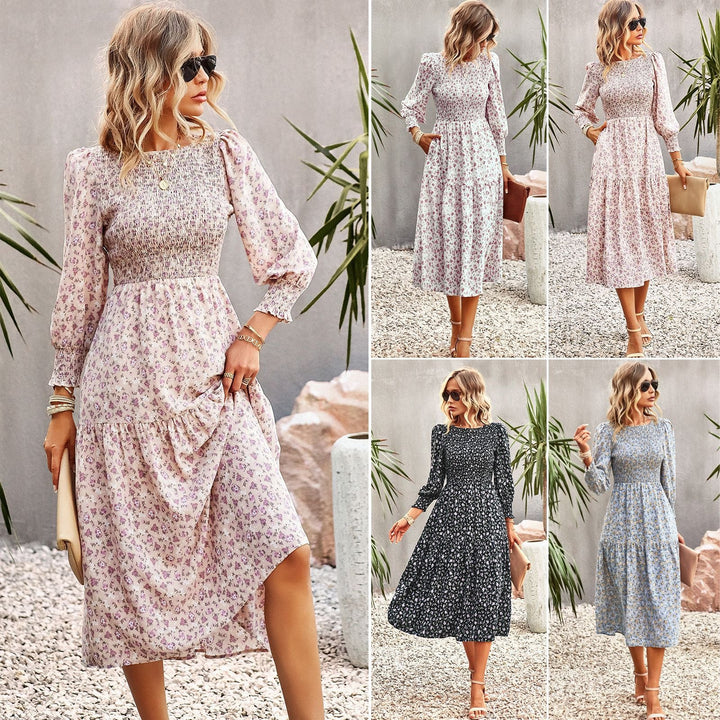 Damen florales Midi-Kleid mit geraffter Taille und langen Ärmeln W&W Mode